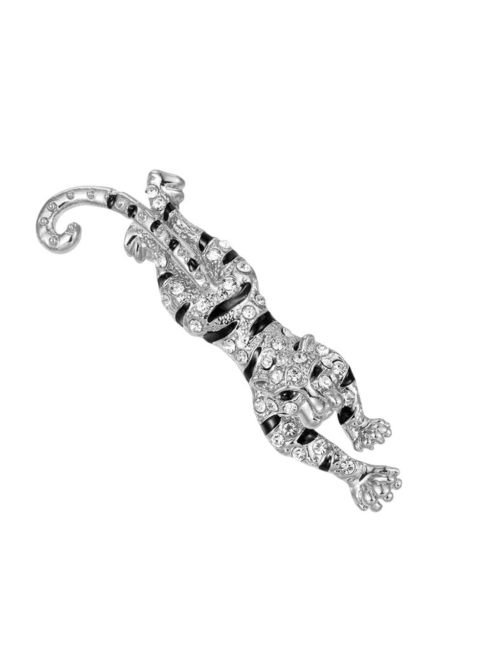 Silver Tone Tiger Brooch with Black Enamel and Crystals